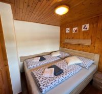 Pokoj v hotelu a penziony s dřevěným stropem a dvoulůžkem.