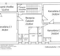 Půdorys kanceláří v Ružomberku s recepcí, kancelářemi a dalšími prostory.