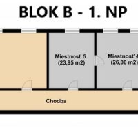 Půdorys kanceláří bloku B na 1. NP se zázemím a chodbou v Kancelářích.