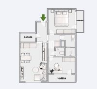 Půdorys 3-pokojového bytu s balkonem, lodžií, koupelnou a šatnou.