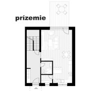 Půdorys přízemí rodinného domu s otevřenou kuchyní a podlahou s dřevěným dekorem.