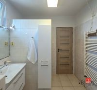 Koupelna ve 4-pokojovém bytě s umyvadlem, zrcadlem a topným žebříkem na ručníky.