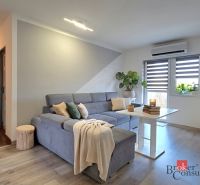 Obývací pokoj ve 4-pokojovém bytě s pohovkou a podlahou s dřevěným dekorem.