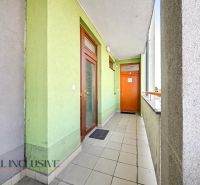 Chodba se zelenými stěnami a dlažbou před 3-pokojovým bytem na Galantské cestě v Dunajské Stredě.