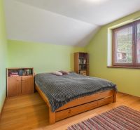 Ložnice v rodinném domě s podlahou s dřevěným dekorem a velkým oknem.