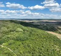 Kopcovitý zelený terén a rozlehlé zemědělské a lesní pozemky v Tornaľe, za jasného dne.