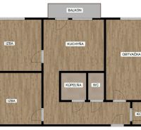 Půdorys 3-pokojového bytu s podlahou s dřevěným dekorem, obsahuje balkon a komoru.