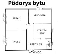 Půdorys 2-pokojového bytu: pokoje, kuchyň, koupelna s WC a spíž.