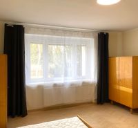 Světlá ložnice s velkým oknem a podlahou s dřevěným dekorem ve 3-pokojovém bytě.