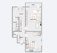 Půdorys 2-pokojového bytu s balkonem: kuchyň, obývací pokoj, koupelna, ložnice.