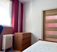 Pokoj v 2-pokojovém bytě s dřevěným dekorem, nábytkem a radiátorem.