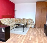 Obývací pokoj s pohovkou, skříní a podlahou s dřevěným dekorem ve 2pokojovém bytě.