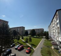 Pohled na sídliště s parkovištěm, stromy a bytovými domy na Mírové ulici ve Staré Ľubovni.