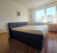 Ložnice s velkou postelí, podlahou s dřevěným dekorem a oknem ve 3-pokojovém bytě.