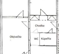Půdorys 3-pokojového bytu s lodžií, kuchyní, ložnicí, obývacím pokojem a koupelnou.