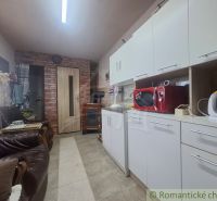 Kuchyně v chatě s bílými skříněmi, červenou mikrovlnkou a koženými pohovkami.