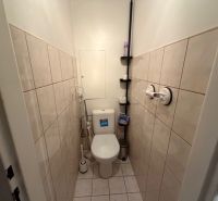 Toaleta s dlažbou a obklady ve 3-pokojovém bytě.