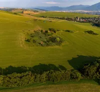 Rozsáhlé zelené pole a kopce v Liptovském Trnovci, nabízející pohled na zvláštní nemovitosti.