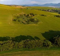 Zelené louky a stromy s výhledem na vesnici v Liptovském Trnovci, zvláštní nemovitosti.