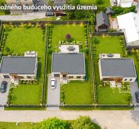 Vizualizace pozemků pro bydlení v Dúbravě se třemi rodinnými domy a zelení.