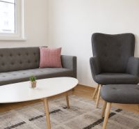 Obývací pokoj s pohodlnou sedačkou a křeslem v 2-pokojovém bytě.