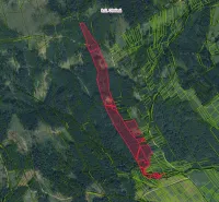 Zemědělské a lesní pozemky u obce Olešná, zvýrazněné červenou barvou na mapce.