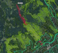 Mapa zemědělských a lesních pozemků v Olešné se zvýrazněnými oblastmi.