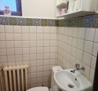 Koupelna v rodinném domě s toaletou, umyvadlem a oknem, obložená kachličkami.