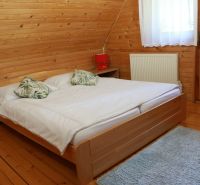 Ložnice v chatě s dřevěným obkladem, postelí a podlahou s dřevěným dekorem.