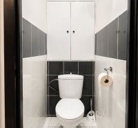 Toaleta s bílými a šedými dlaždicemi, úložný prostor nad WC.
