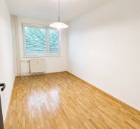 Prázdný pokoj v dvoupokojovém bytě s podlahou s dřevěným dekorem a bílými stěnami.