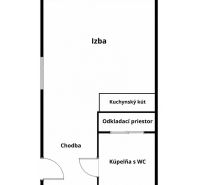 Půdorys 1-pokojového bytu s pokojem, kuchyňským koutem a koupelnou s WC.