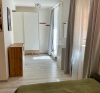 Světlý pokoj s nábytkem, podlahou s dřevěným dekorem a uměleckými obrazy v 1-pokojovém bytě.