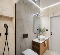 Koupelna 4pokojového bytu s designovým sprchovým koutem a umyvadlem na desce.