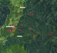 Mapa ukazuje zemědělské a lesní pozemky v okolí Ľubice, označené červenou barvou.