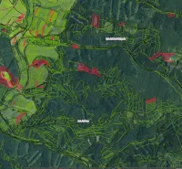 Mapa zemědělských a lesních pozemků v okolí Ľubice s barevnými označeními.