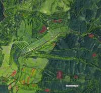 Satelitní mapa zemědělských a lesních pozemků v oblasti Ľubica.