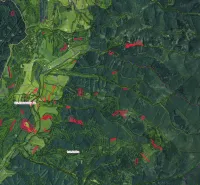 Letecký pohled na zemědělské a lesní pozemky v okolí Ľubice s označením hranic.