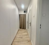 Chodba s bílými stěnami a podlahou s dřevěným dekorem ve 3-pokojovém bytě.