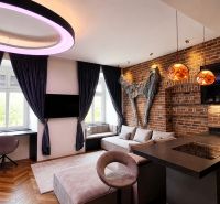 Stylový 2pokojový byt s cihlovou stěnou, podlahou s dřevěným dekorem a moderním osvětlením.