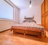 Ložnice s šatníkem a podlahou s dřevěným dekorem v 2-pokojovém bytě.
