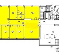 Půdorys kanceláří s vyznačeným prostorem 140 m² k pronájmu.