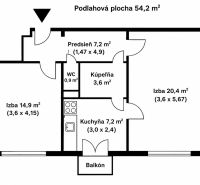 Půdorys 2-pokojového bytu s plochou 54,2 m², balkonem a kuchyní.