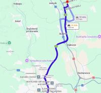 Mapa trasy mezi Košicemi a oblastí u Nové Polhory, určená pro cestování autem.