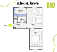 Půdorys 2-pokojového bytu na Školské ulici v Šamoríně s kuchyní a koupelnou.