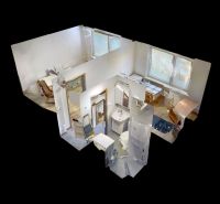 3D zobrazení interiéru ukazuje uspořádání místností v 1-pokojovém bytě.