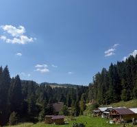 Rekreační pozemky v Litmanové obklopené lesy a modrou oblohou.