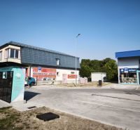 Obchodní prostory na ulici SNP v Šaľe s parkovištěm a reklamními nápisy.
