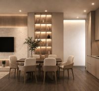 Stylový interiér rekreačního apartmánu s podlahou s dřevěným dekorem a vkusným osvětlením.