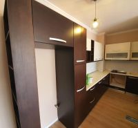 Kuchyně v rekreačním apartmánu, dominují tmavé skříňky a podlaha s dřevěným dekorem.